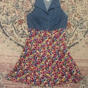 vintage 1990s all that jazz mini sleeveless denim floral button-down dress